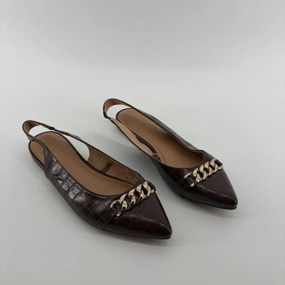 Old Navy Chocolate Croc Embossed Pointy Toe Slingback Flats Chain Accent Size 8